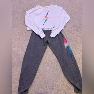 Aviator Nation Set White Cropped Sweatshirt and Gray Rainbow bolt pants, Size XS